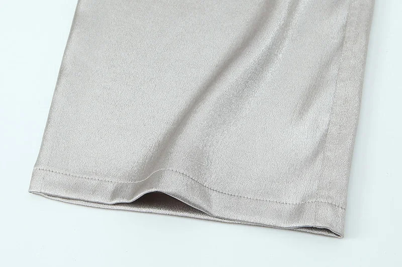 2024 Women Autumn Silver Wide Leg Fleece Pants Vintage High Waist Office Lady PU Female Trousers Women's Clothing Free Shipping