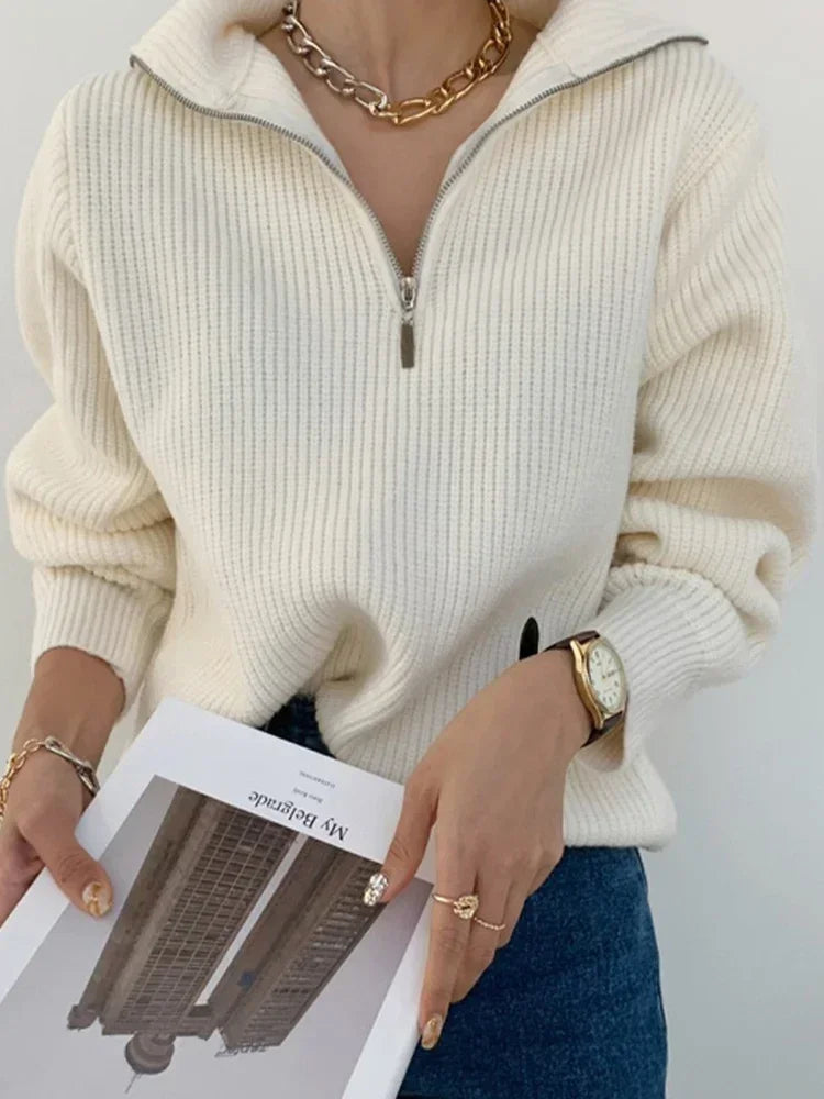 Women's Winter Sweaters Solid Grey Ladies Turtleneck Casual Loose Thick Zippers Pullovers Beautiful Oversized Sweater Women