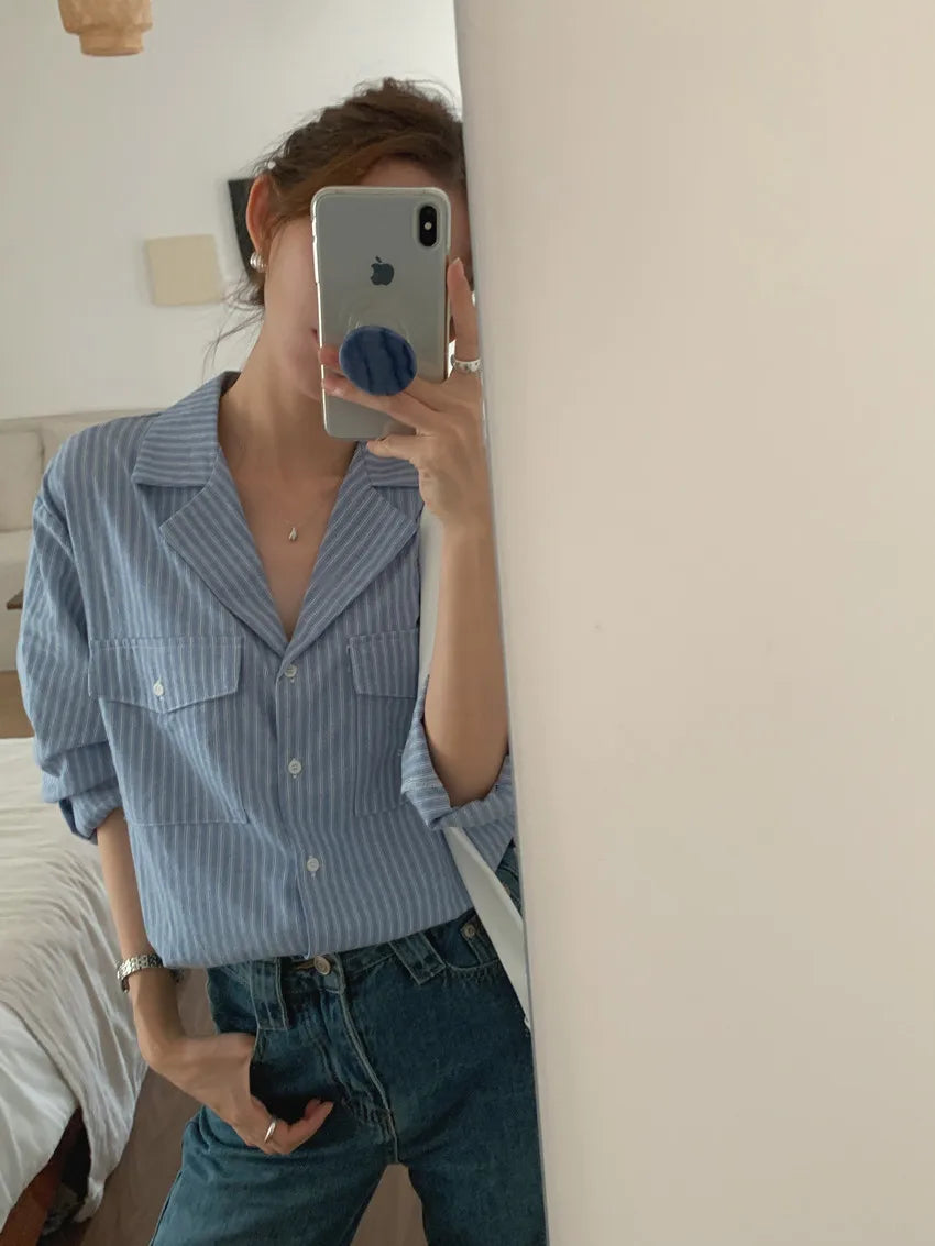 Chic Autumnal Vintage Loose Fit Long Sve Blue Striped irt Women's Faion Versatile Double ket Suit Collar Outfit