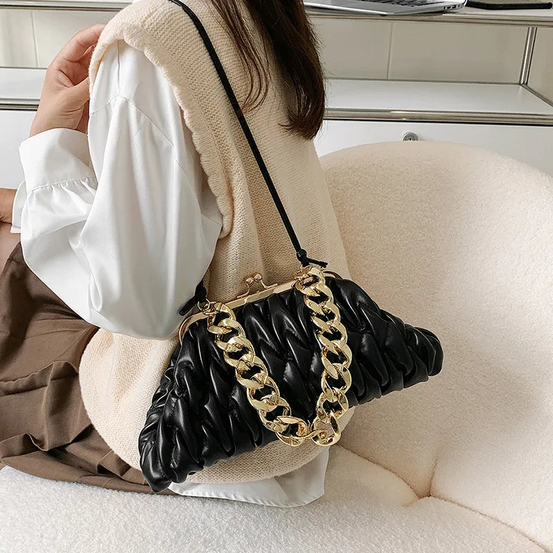 Pleated Lingge Fashion Shell Bag Women's Versatile Chain Handbag Casual One Shoulder Crossbody Chain Accessories Women's Bag