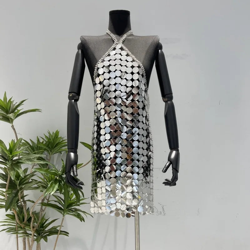 Female Silver Backless Halter Sequin Disc Chainmail Mini Cocktail Dresses Night Club Party Dress with metallic discs