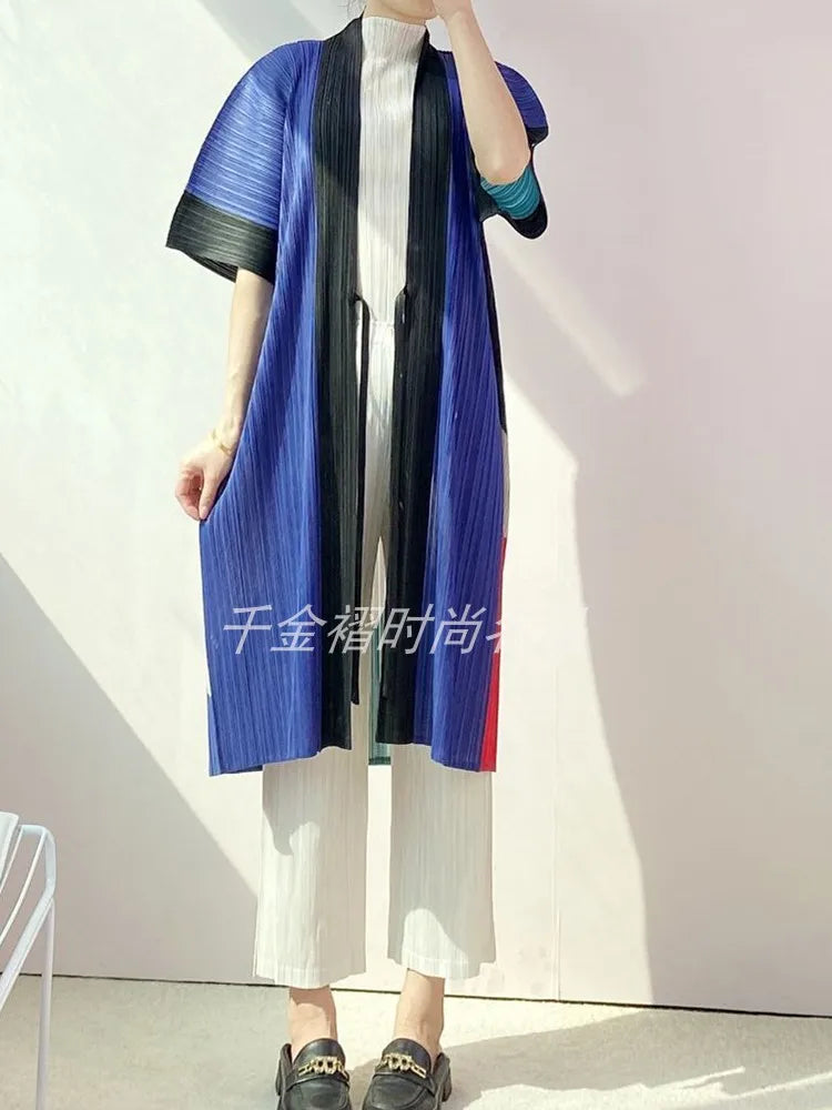 Women Printed Trench Miyake Pleated Fashion Printed Loose Plus Size Japan Style Belt Female Long Coats Tide