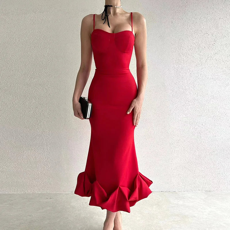 Fashion 2023 Women Ruffle Dresses Elegant Bodycon Off Shoulder Formal Dress Chic Ladies Backless Sleeveless Solid Long Dress