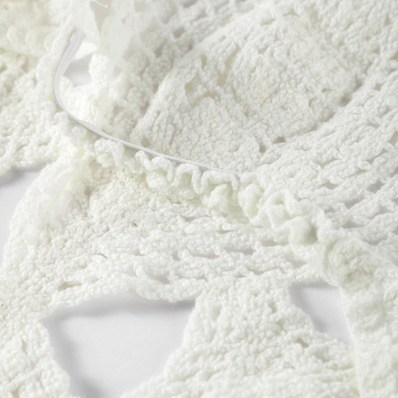 Hollow Out Halter Women Dress Sexy Backless Solid Mini Beach Dress Knitted Irregelar Petaling Short Dresses Female Slim Dress