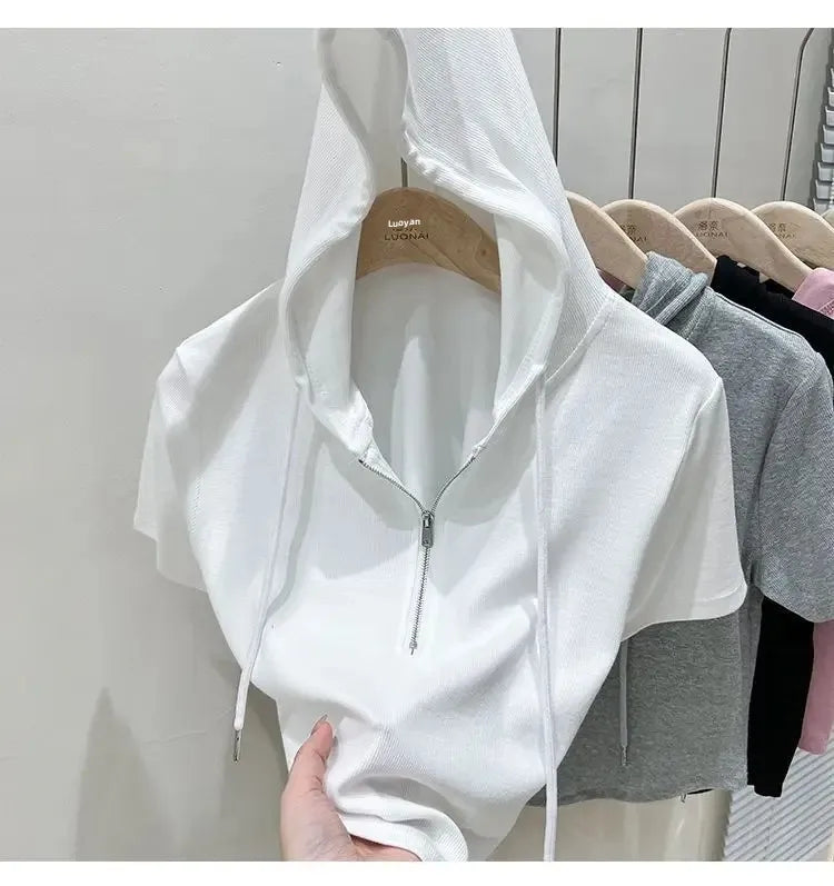Hoodedslims Women's Double Zip Short Sleeve T-Shirt Cropped Top Sensible Design Polyester Fiber Summer 2025 New Arrival Jacket