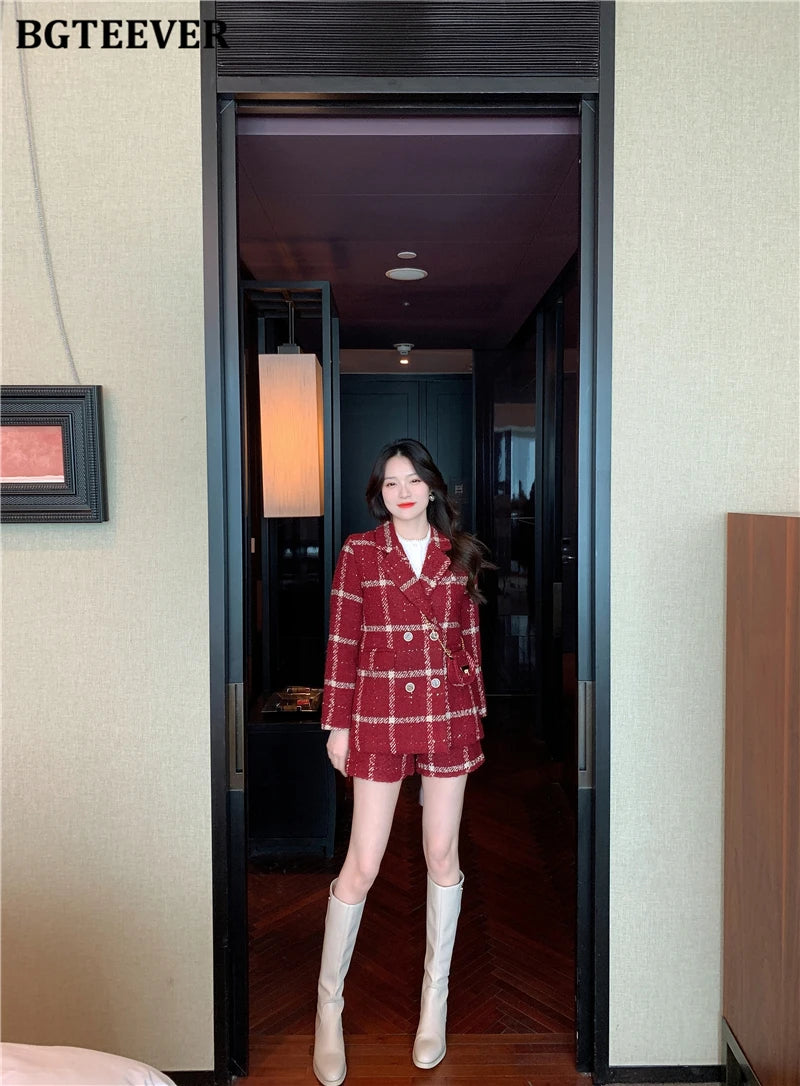 BGTEEVER Winter Thicken Warm Ladies Plaid Blazer Suits Long Sleeve Double Breasted Suit Jackets & Shorts Women 2 Pieces Set