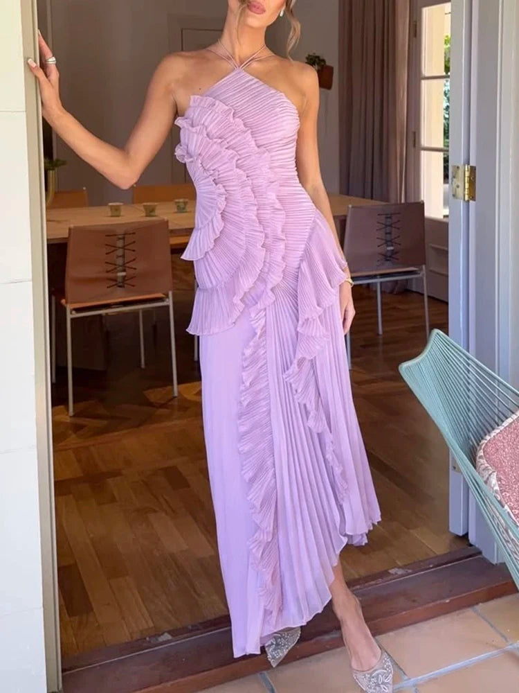 Ruffle ruffles design thin mid-length dress temperament fashion irregular halter women's dress 2025 summer new