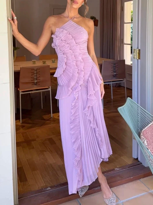 Ruffle ruffles design thin mid-length dress temperament fashion irregular halter women's dress 2025 summer new