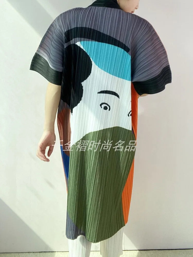 Women Printed Trench Miyake Pleated Fashion Printed Loose Plus Size Japan Style Belt Female Long Coats Tide