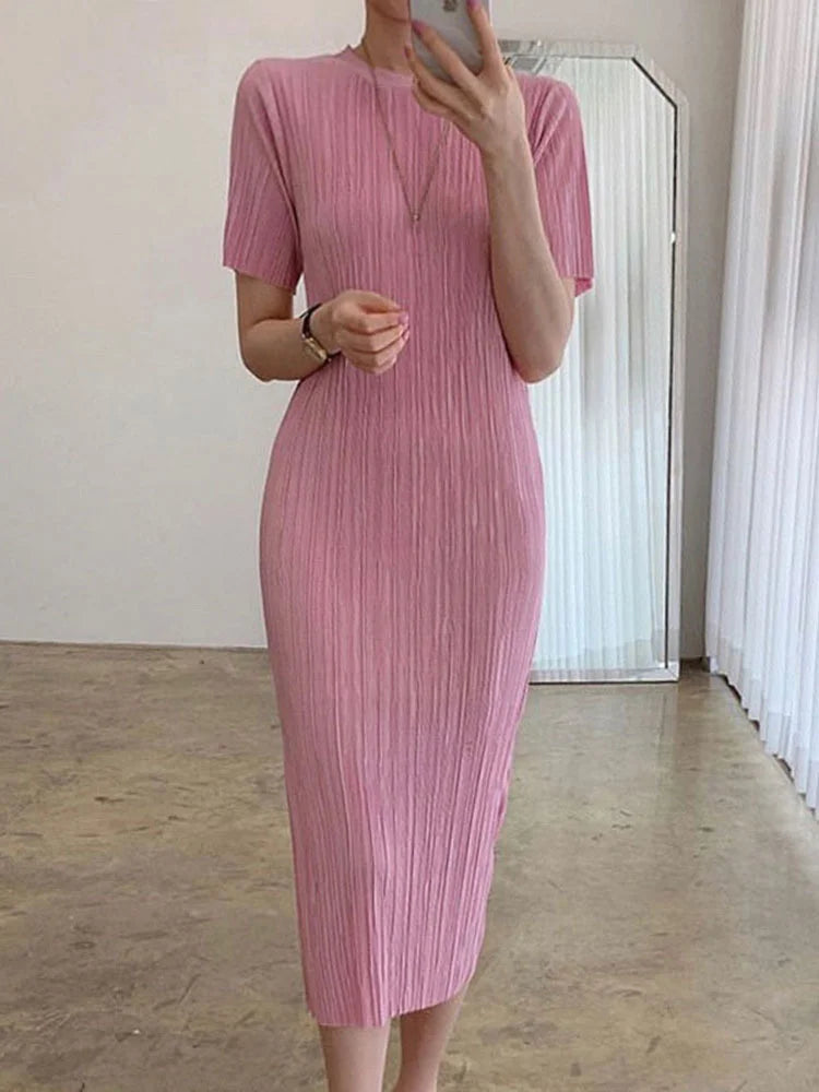 Korean Chic Minimalist Gentle Round Neck Pleated Slim Wrap Hip Short Sleeve Female Dresses 2022 Summer New Style  B560