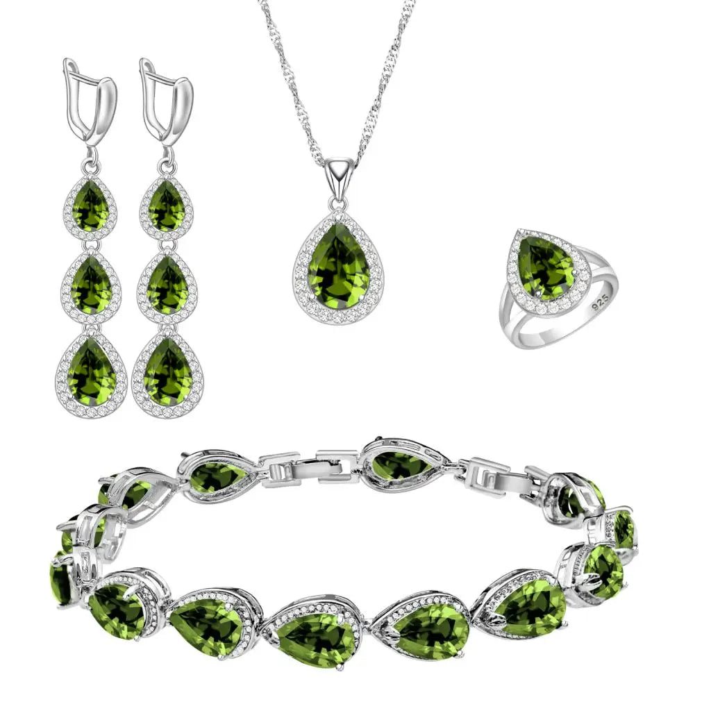 Wedding Bride Silver 925 Jewelry Sets Women White Topaz Long Earrings Bracelet Necklace Rings Luxury Fashion Set Dropshipping