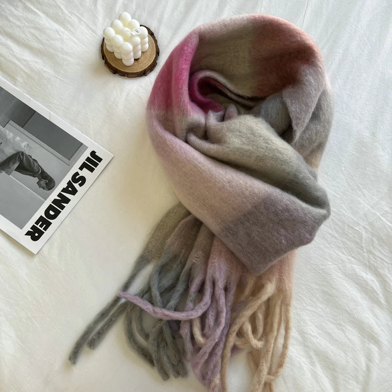 Winter Multicolor Stripe Scarf Cashmere Thick Shawl Women Long Winter Warm Pashmina Wraps with Tassel Scarf For Women