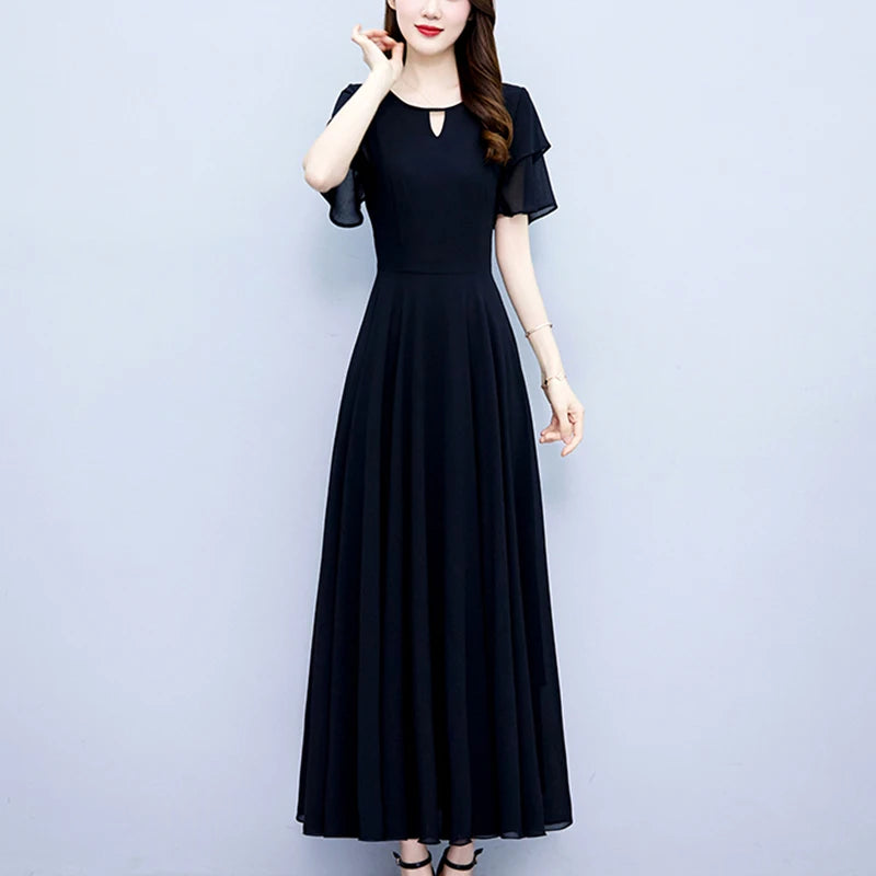 2024 Black Chic Ruffled Short Sleeve Midi Vestidos Women Vintage Hepburn Prom Long Robe Summer Solid Elegant Bodycon Party Dress