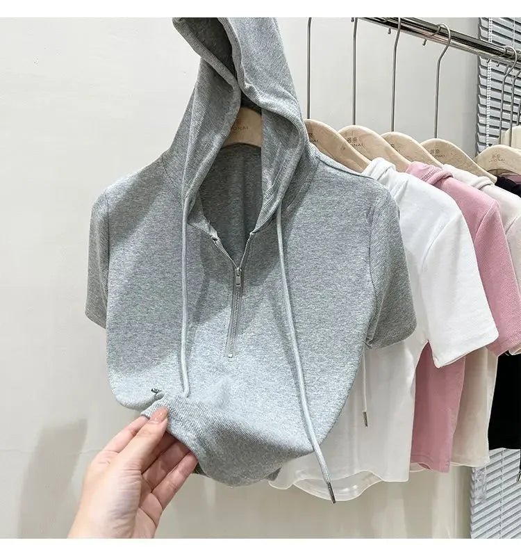 Hoodedslims Women's Double Zip Short Sleeve T-Shirt Cropped Top Sensible Design Polyester Fiber Summer 2025 New Arrival Jacket