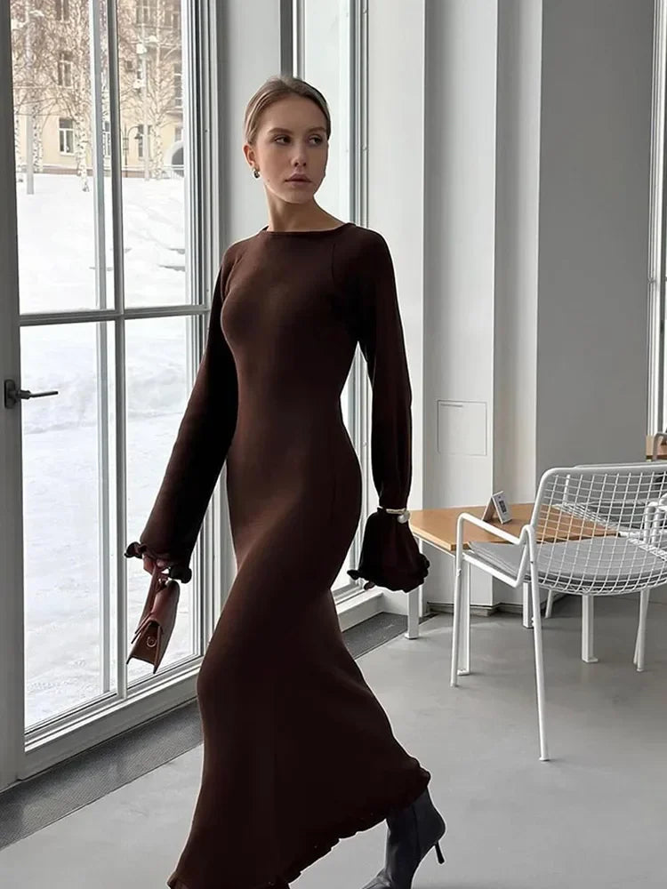 Elegant Roll Edge Party Dress For Women Long Sleeve O Neck Slim Flare Sleeve Long Robes 2025 New Lady High Street Evening Gown