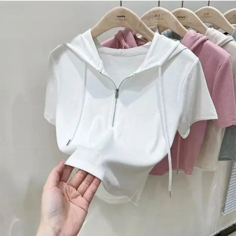 Hoodedslims Women's Double Zip Short Sleeve T-Shirt Cropped Top Sensible Design Polyester Fiber Summer 2025 New Arrival Jacket