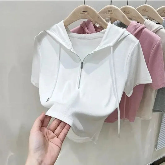 Hoodedslims Women's Double Zip Short Sleeve T-Shirt Cropped Top Sensible Design Polyester Fiber Summer 2025 New Arrival Jacket