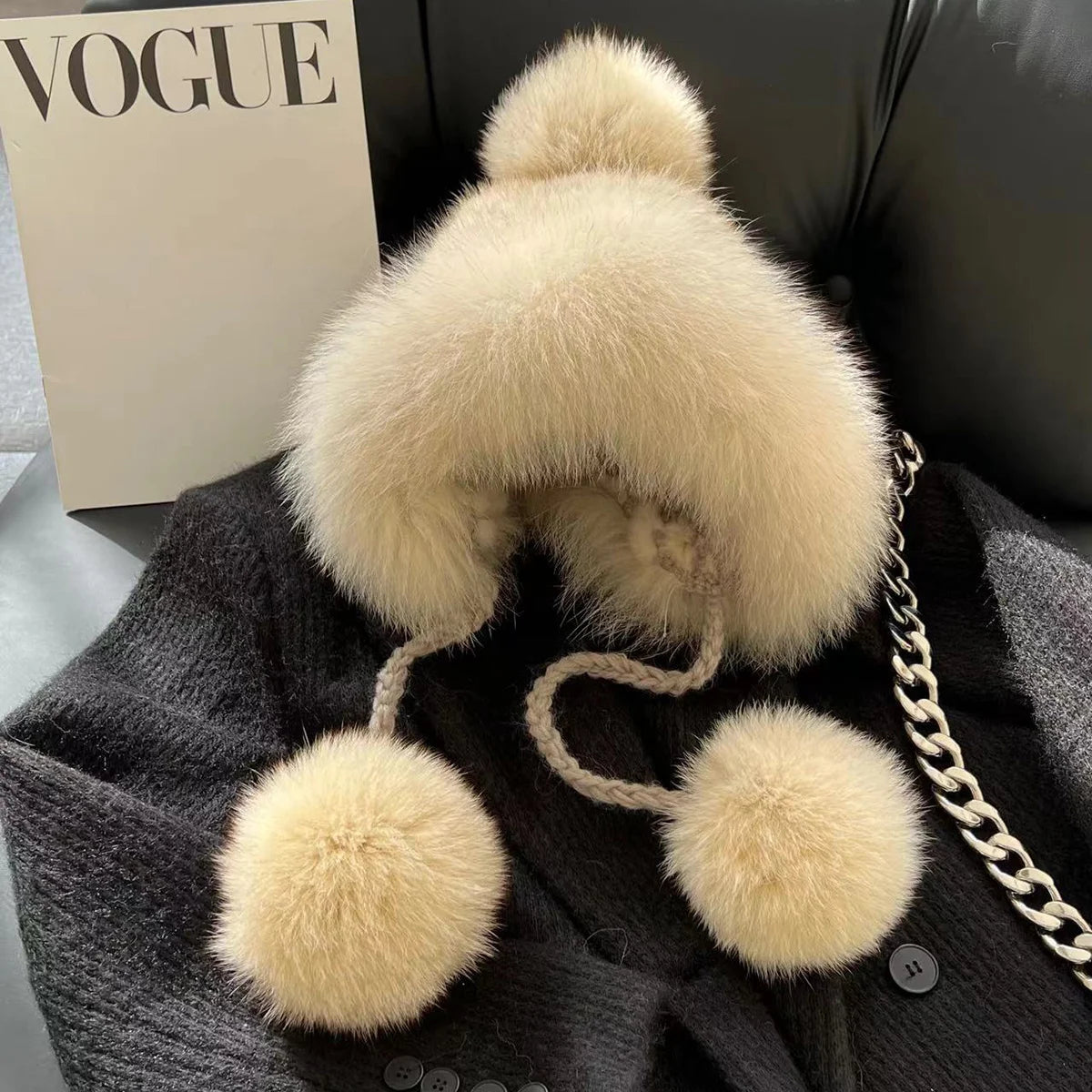 Real Mink Fur Hat For Women Winter Natural Fur Lei Feng Hat With Fox Fur Ball Thicked Ear Protection Hat Female Hand Knitted Hat