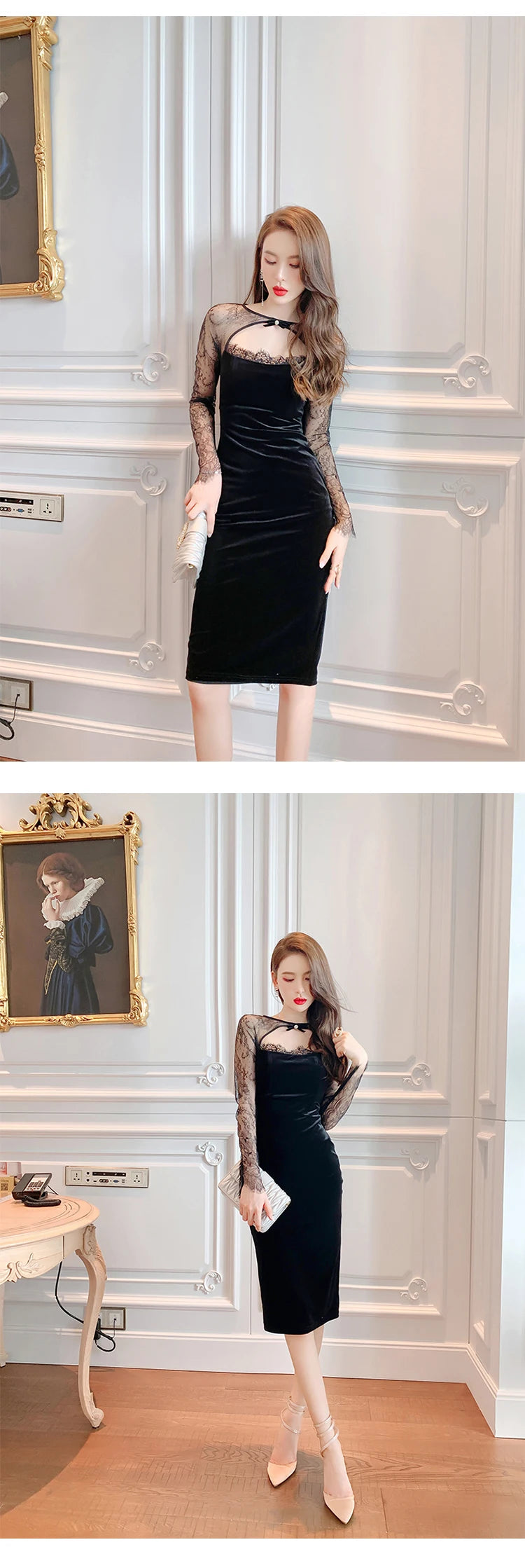 Spring Quality Elegant Sexy Dresses for Women 2023 Black Sheer Lace Hollow Cut Out Backless Midi Robe Femme Party Date Vestidos