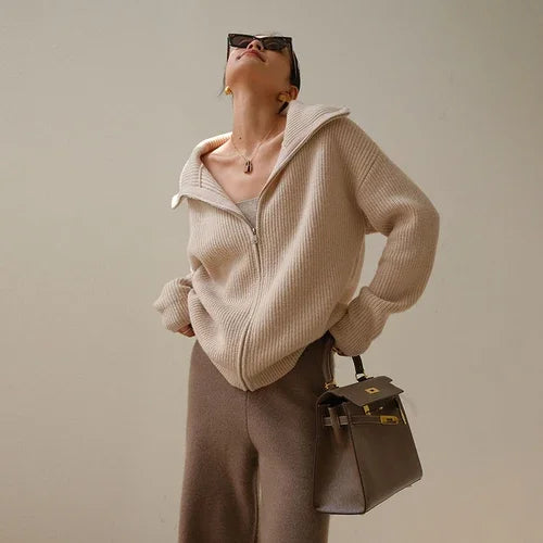 Women's Winter Sweaters Solid Grey Ladies Turtleneck Casual Loose Thick Zippers Pullovers Beautiful Oversized Sweater Women