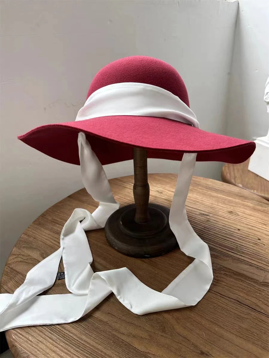 Autumn and Winter 100% Wool Hat Bell Hat Women's French Elegant Retro Hepburn Round Top Big brim Hat