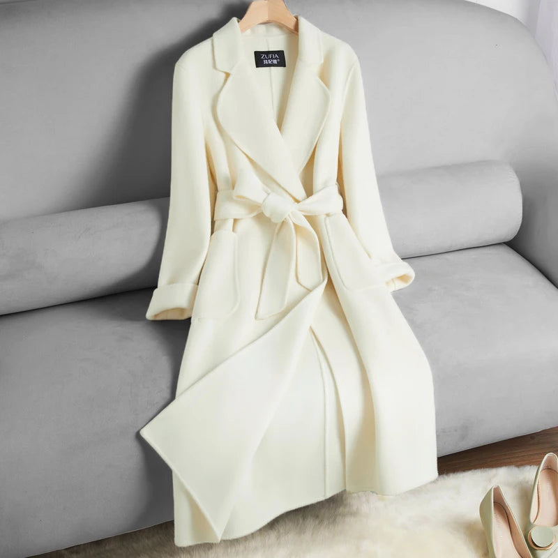 White Belt Double-sided Cashmere Coat Women's 2024 New Fashion Temperament Winter Slim Wool Coat Solid Female Long Windbreaker