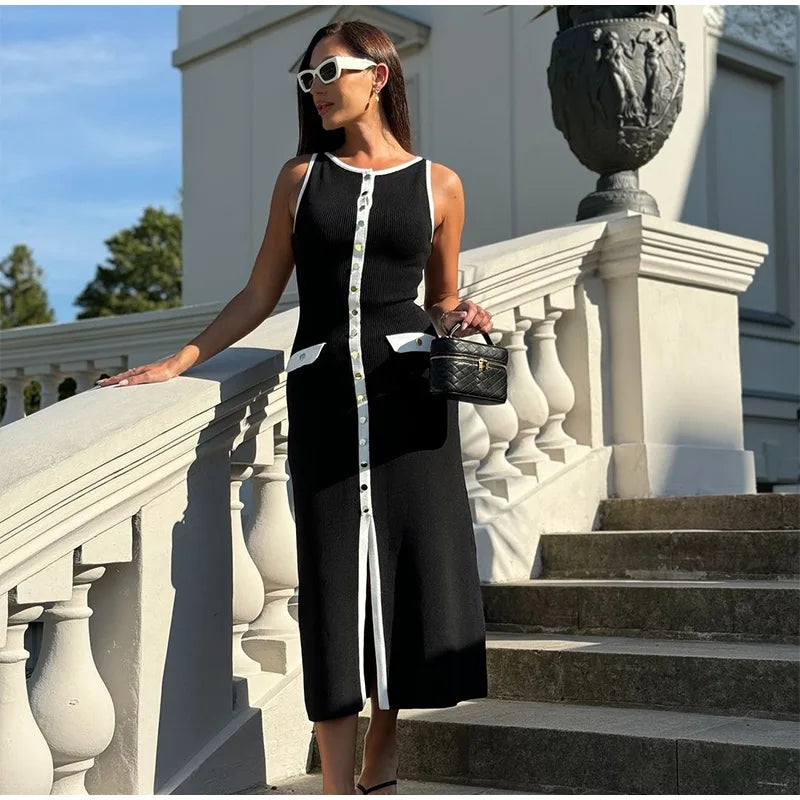 Women Sexy Black Knit Short Pants Suit Elegant Sleeveless Double Pockets Single Breasted Buckle Top 2-piece Set 2025 New Outfits