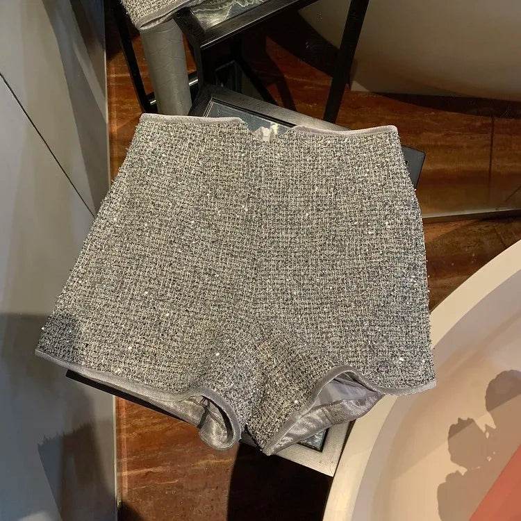 Shorts for Women Sexy High Waist Silver Sequins Short Mujer Y2k Straight Wide Leg Casual Cargo Pantalones Cortos De