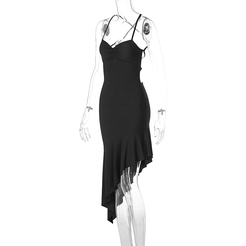 Hugcitar Square Collar Slips Backless Draped Lace Up Pleated Irregular Sexy Midi Dress 2024 Spring New Outfits Festival Party