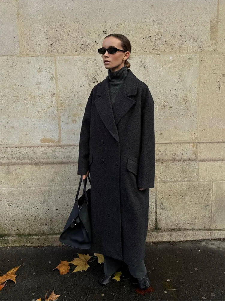 Women's Fashion Casual Loose Long Coat Coat Autumn and Winter Double-breasted Lapel Coat Warm and Soft Solid Colour Coat
