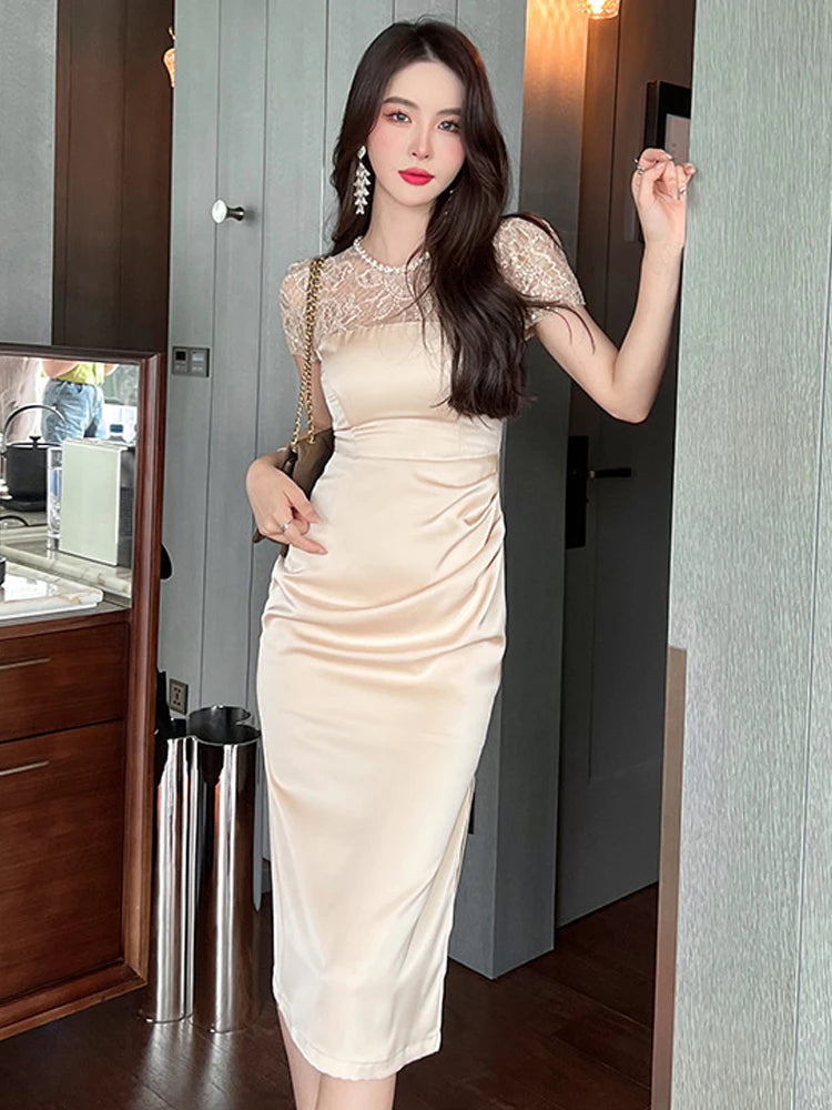 Summer Women Midi Dress Elegant Sheer Lace Satin Panel Shiny Diamond Sequins Pleated Slit Slim Lady Outfit Party Office Vestido