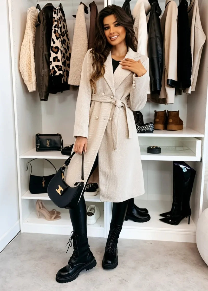 Women's Woolen Coat Autumn Winter Vintage Elegant Double Breasted Trench Coat Women Brown Long Sleeved Midi Windbreaker Jacket