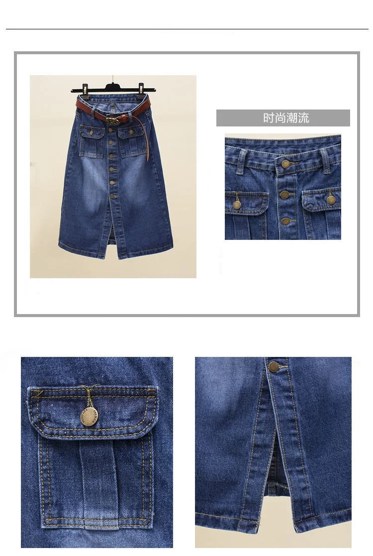 2024 Women Spring Autumn New Front Split Denim Sheath Skirts Female Single-Breasted Midi Skirts Ladies High Waist Pencil Skirts