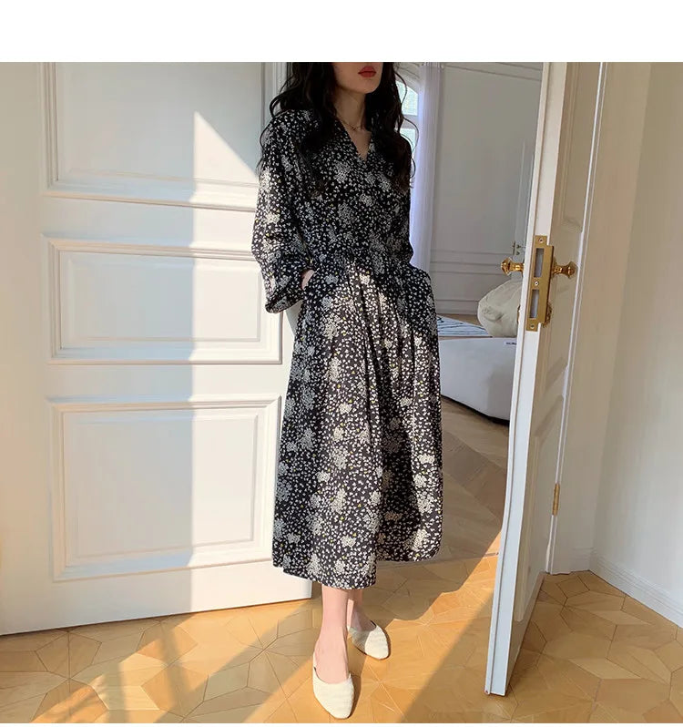 ARTKA 2023 Spring New Women Dress Elegant Loose Puff Sleeve Prints Dresses V-Neck High Waist A-Line Chiffon Long Dress A22LA055C