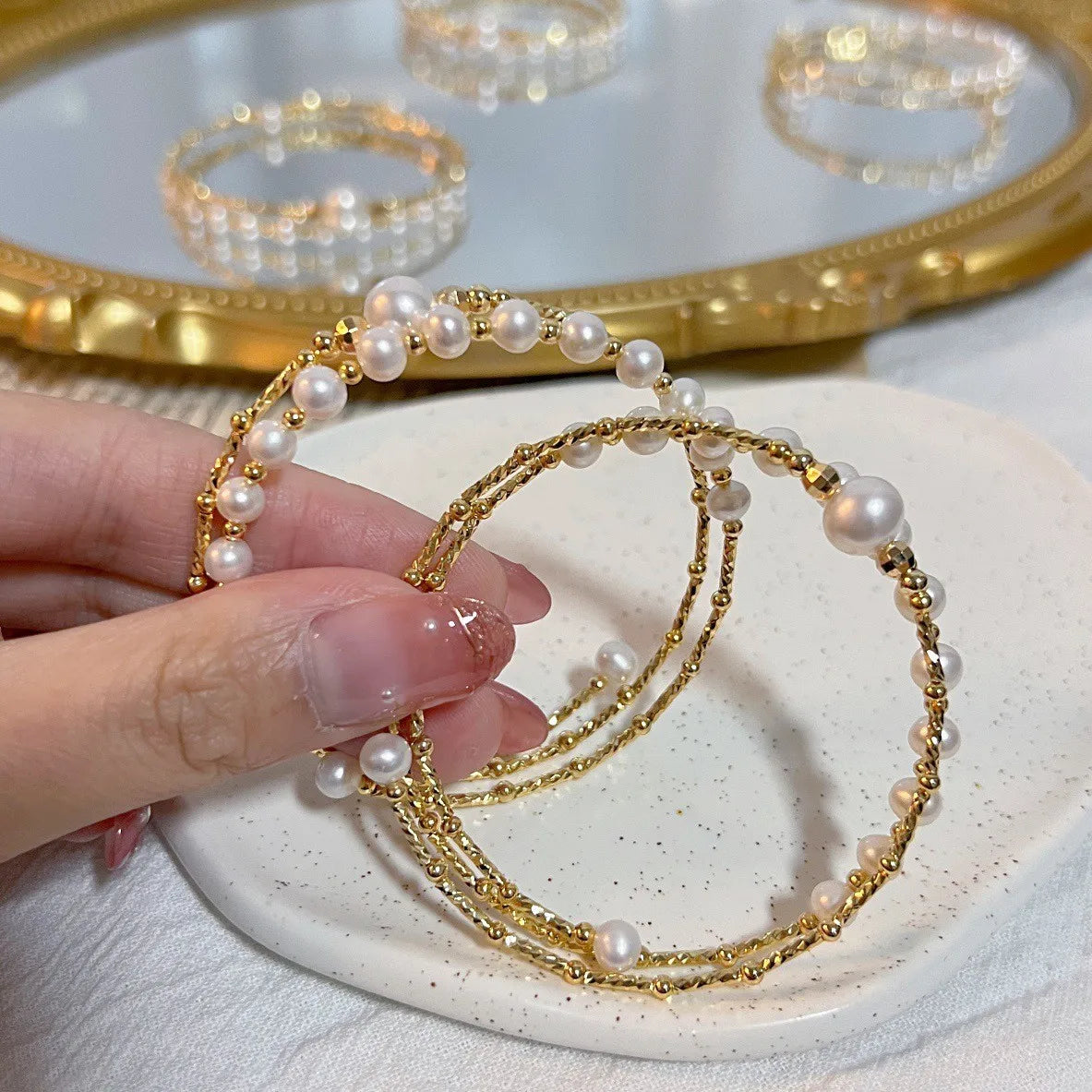 New Arrival 100% Natural Freshwater Pearl 14K Gold Filled Female Double Bangle For Women Jewelry Gifts Never Fade