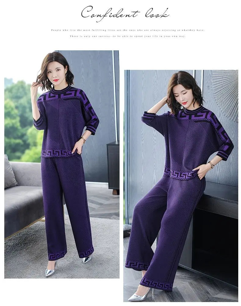 Two piece Women's Knitwear Casual Sets 2025 Spring Autumn New Loose Fashion Temperament Pullover Tops+Wide leg Pants Female