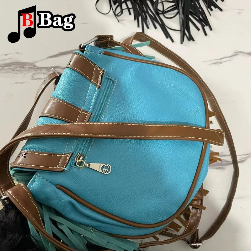 Vintage PU Leather Tassels Bags Y2K Women Girl Gemstone Fringed Shoulder Bags Female Punk Cross Messenger Bags phone bag
