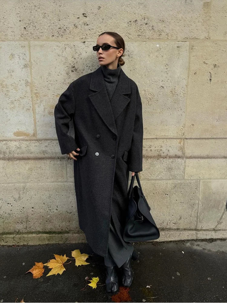 Women's Fashion Casual Loose Long Coat Coat Autumn and Winter Double-breasted Lapel Coat Warm and Soft Solid Colour Coat