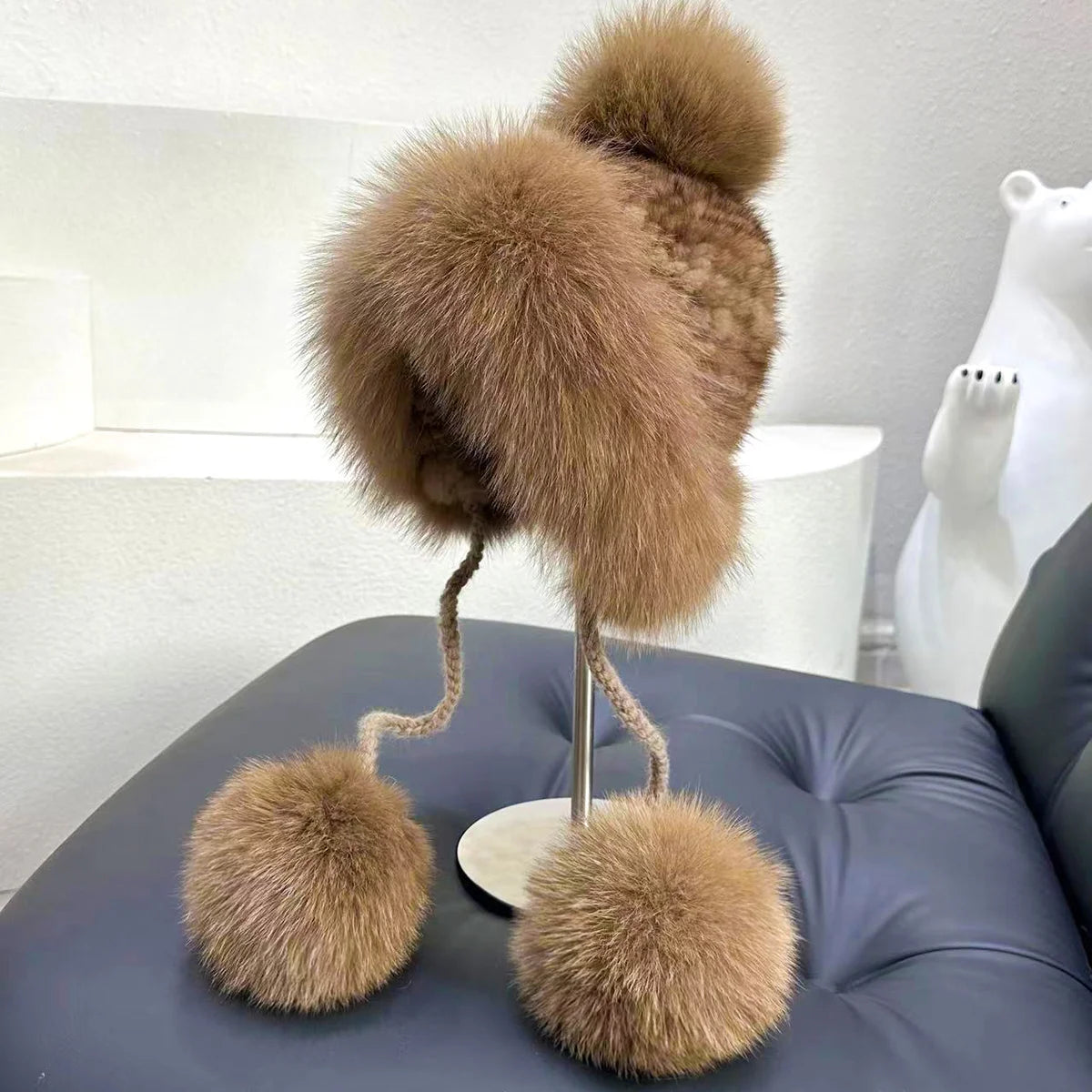 Real Mink Fur Hat For Women Winter Natural Fur Lei Feng Hat With Fox Fur Ball Thicked Ear Protection Hat Female Hand Knitted Hat