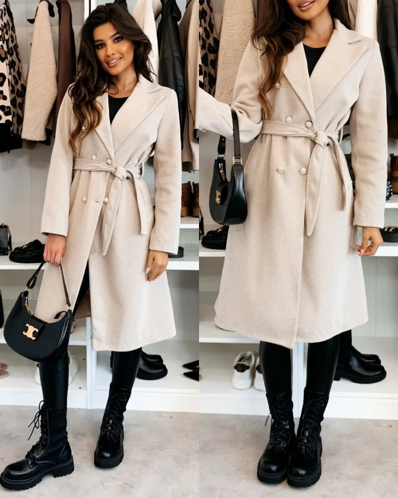 Women's Woolen Coat Autumn Winter Vintage Elegant Double Breasted Trench Coat Women Brown Long Sleeved Midi Windbreaker Jacket