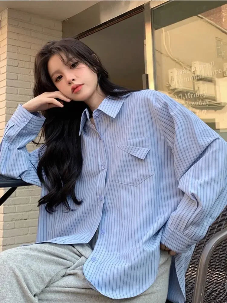 korean fashion Shirts for Women Loose Versatile Long Sleeves Blouse Pocket Casual Spring New Blue Striped Women's Shirt