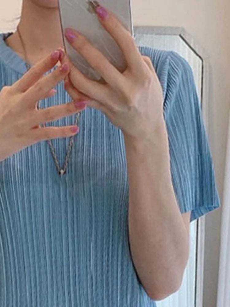 Korean Chic Minimalist Gentle Round Neck Pleated Slim Wrap Hip Short Sleeve Female Dresses 2022 Summer New Style  B560