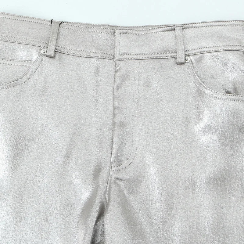 2024 Women Autumn Silver Wide Leg Fleece Pants Vintage High Waist Office Lady PU Female Trousers Women's Clothing Free Shipping