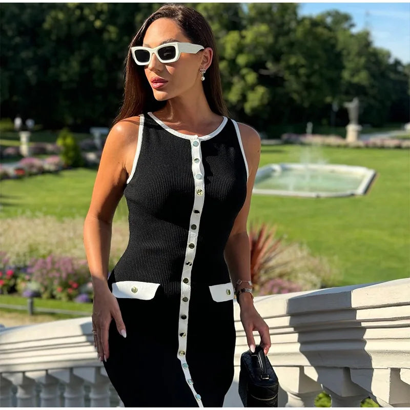 Women Sexy Black Knit Short Pants Suit Elegant Sleeveless Double Pockets Single Breasted Buckle Top 2-piece Set 2025 New Outfits