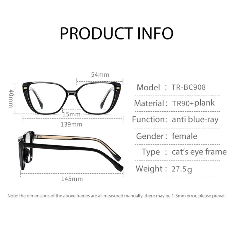 Women Fashion Cat Eye Shape Optical Glasses Frame with Recipe Prescription Female Eyewear Stylish Full Rim TR-BC908