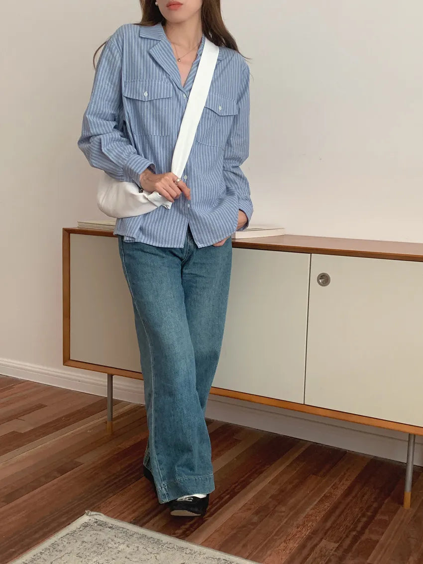 Chic Autumnal Vintage Loose Fit Long Sve Blue Striped irt Women's Faion Versatile Double ket Suit Collar Outfit