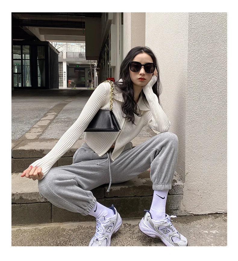 Elegant Korean Knitted Sweater Sexy Lapel Zipper Up Cardigan Women Vintage Harajuku Slim Coat Casual Ribbed Knit Cropped Tops
