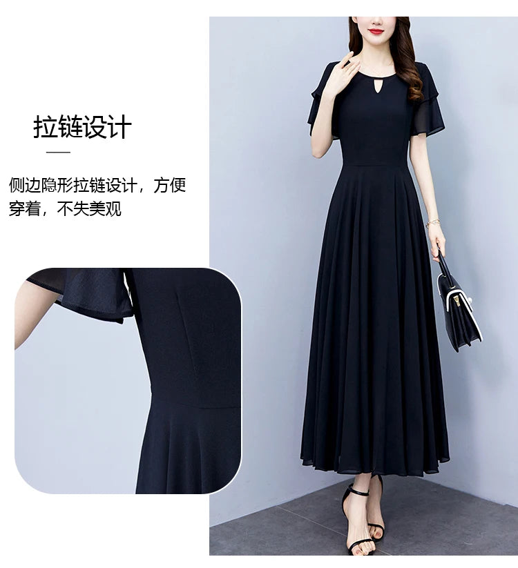 2024 Black Chic Ruffled Short Sleeve Midi Vestidos Women Vintage Hepburn Prom Long Robe Summer Solid Elegant Bodycon Party Dress