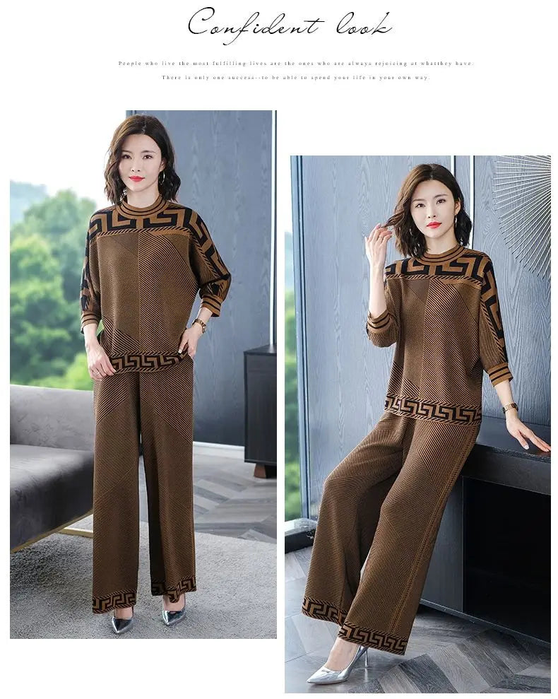 Two piece Women's Knitwear Casual Sets 2025 Spring Autumn New Loose Fashion Temperament Pullover Tops+Wide leg Pants Female