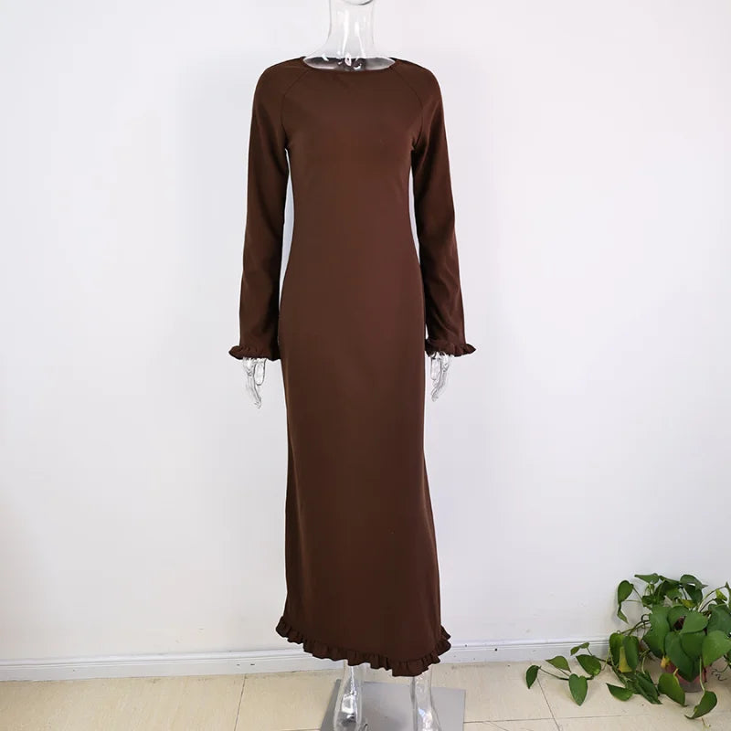 Elegant Roll Edge Party Dress For Women Long Sleeve O Neck Slim Flare Sleeve Long Robes 2025 New Lady High Street Evening Gown